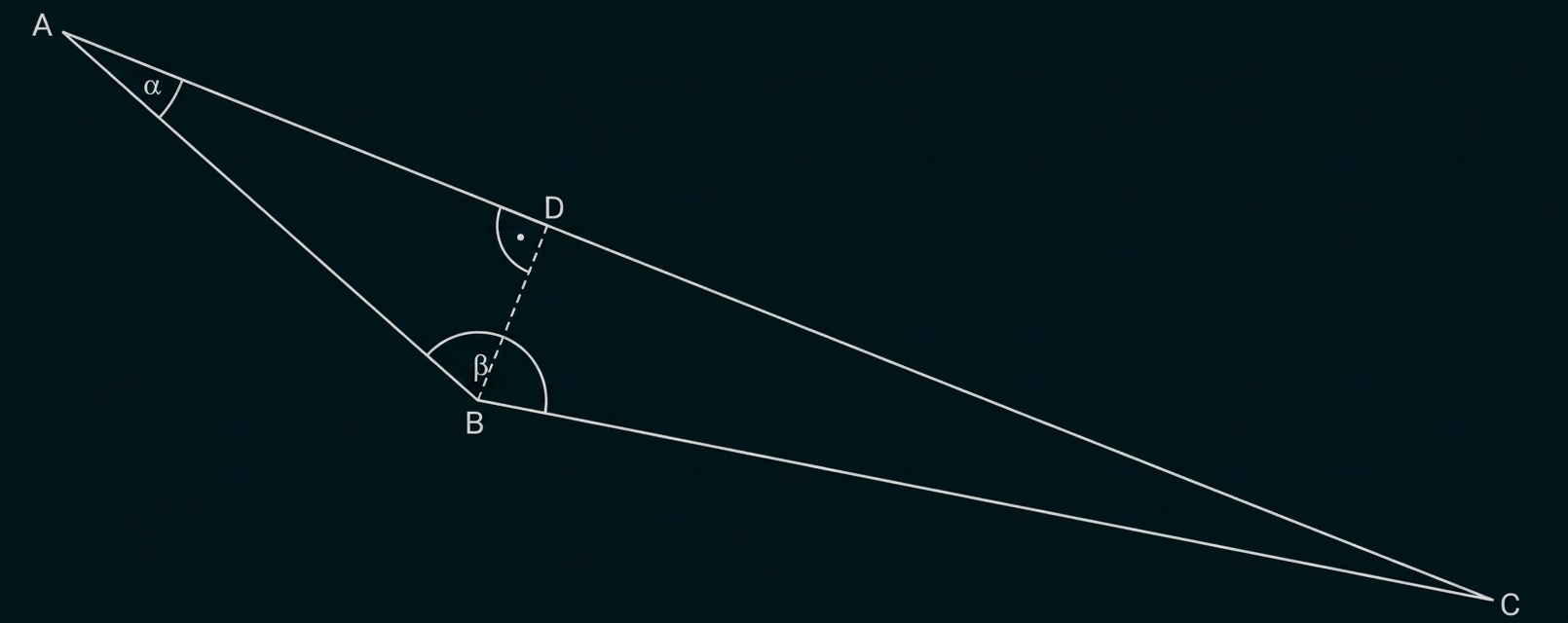 Geometrische Skizze eines Dreiecks ABC mit Punkt D, gestrichelter Verbindung BD und markierten Winkeln α und β.